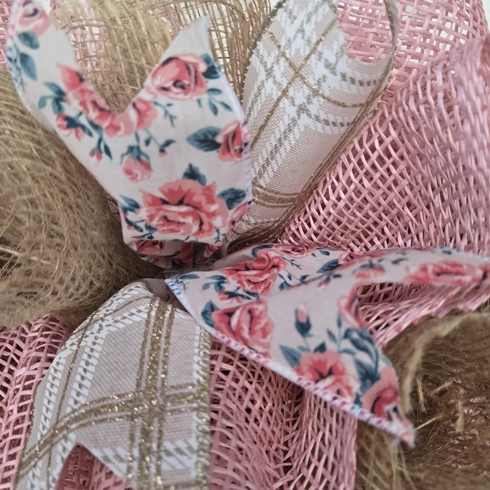 Handmade Pink and tan deco mesh wreath with hello sign spring front door wreath